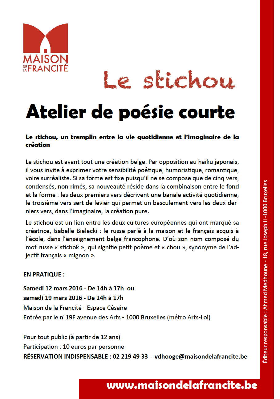 Affiche. Bruxelles. Le stichou. Atelier de poésie courte par Isabelle Bielecki. 2016-03-12